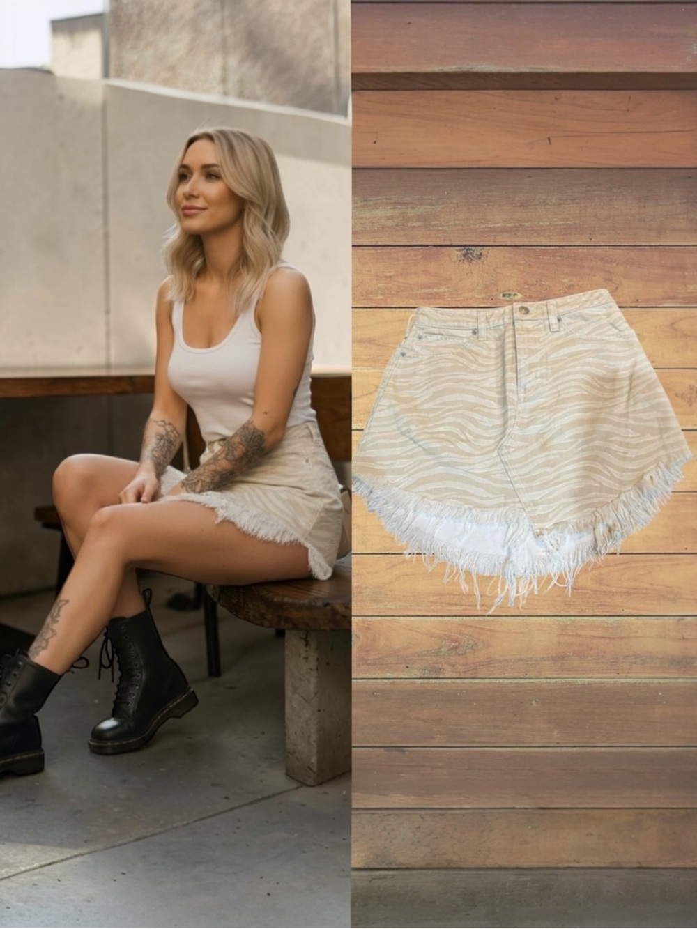 Free People We The Free Bailey Cream Denim Mini Skirt Zebra Print Frayed Raw Hem